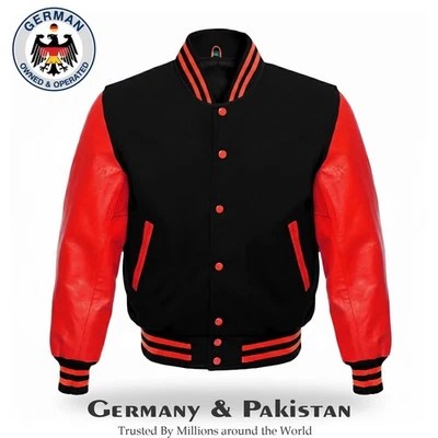 Chaqueta de béisbol Varsity Letterman cuerpo de lana negro mangas de cuero rojo genuino - Imagen 1 de 4