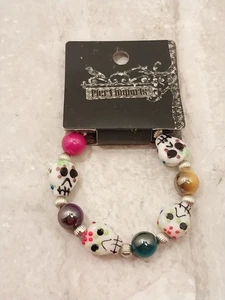 Pier 1 Importa Teschio Zucchero Halloween Vetro Elastico Perline Bracciale Gioielli  - Foto 1 di 3