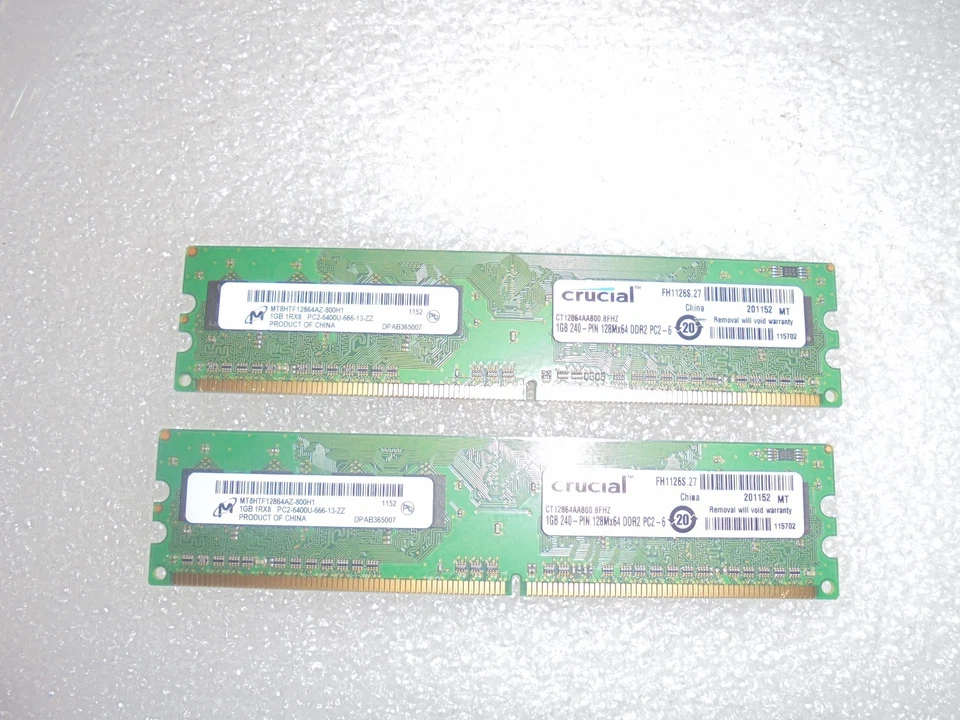 2GB(2X1GB) Micron MT8HTF12864AZ-800H1 PC2-6400U 666MHz Desktop Memory RAM - Image 1 of 1
