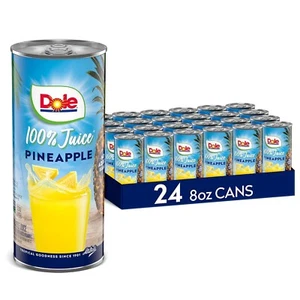 Dole Pineapple Juice No Added Sugar 24 Pack 8 Fl Oz Cans Gluten Free Vitamin C - Picture 1 of 6