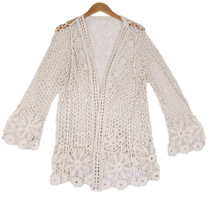 Cardigan Boho spolverino pizzo all'uncinetto aperto davanti bordo floreale panna cotone festival M - Foto 1 di 8