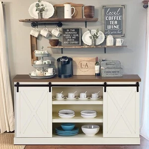 Farmhouse Barn Door Coffee Bar Cabinet Sideboard Buffet with Multi-Layer Storage - Picture 1 of 7