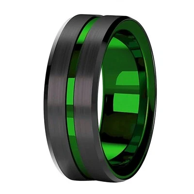 Retro DOS Mode Green Ring Stainless Steel Programmer Black Wedding Band 8mm - Image 1 of 4