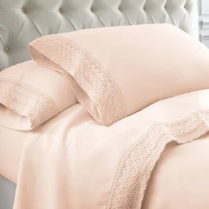 Amrapur Overseas 1MFLACEG-BLS-QN 4-Piece Crochet Lace Bed Sheet Set Queen Blush - Picture 1 of 1