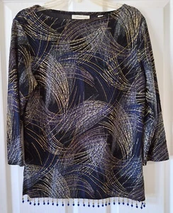 Classy COLDWATER CREEK Women's Blouse Navy Gray Gold with Bling and Beads Sz S - Picture 1 of 4