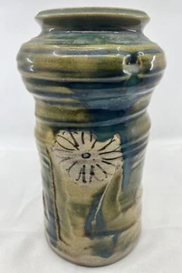Oribe Keramik Vase antik japanisch grün / Pinseltopf mit HP Chrysanthemen - Bild 1 von 12