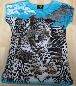 Shirt T-Shirt Sarah Kern Leopard Strass edel blau braun Dschungel Wildnis neu 