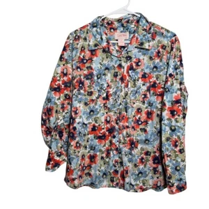 Coral Bay Blouse Women's XL Colorful Floral Button Up Boho  Artsy Top Shirt - Picture 1 of 8