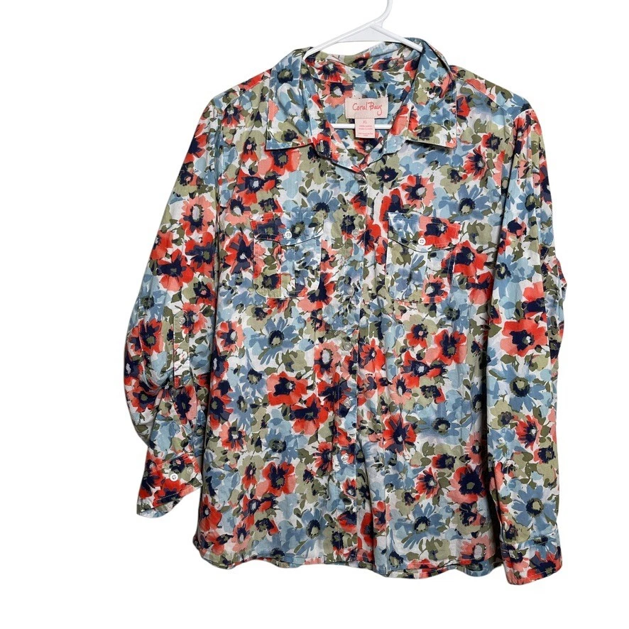 Coral Bay Blouse Women's XL Colorful Floral Button Up Boho  Artsy Top Shirt - Image 1 of 4