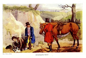 CAZA DE ZORROS, TERRIER EXCAVANDO EL AGUJERO DEL ZORRO, MIRA A LOS CAZADORES, IMPRESIÓN - Imagen 1 de 1