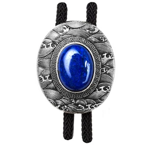 Plateado Bolo Tie ,Lapislázuli, Azteken- Maya Patrón, Oeste Corvata - Imagen 1 de 4