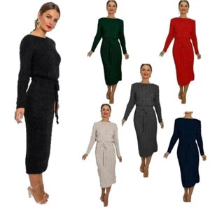 Vestido midi tejido con cable cuello redondo manga larga bolsillos jersey para mujer - Imagen 1 de 14