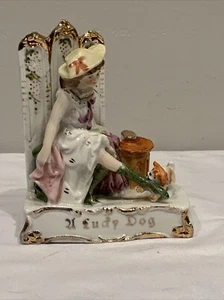 Antique German ? Porcelain Fairing Lady With Dog U Lucky Dog - Picture 1 of 15