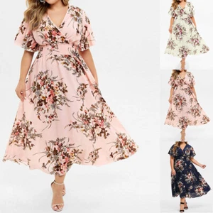 Womens Short Sleeve Boho Floral Maxi Dress Party Cocktail Dress Plus Size 20 28 - Picture 1 of 18