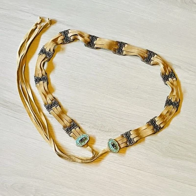 Western Boho Suede Tan Vtg Multi-Strap Belt with Silver Floral Accents Size OS - Image 1 of 4