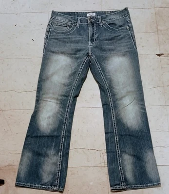 Jeans antiguos remaches para hombre lavado ácido premium costuras blancas 32x30 roca  Foto 1 de 3