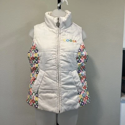 Coogi White Multicolor Puffer Vest Logo Spell Out Full Zip Women's Small - Image 1 of 4