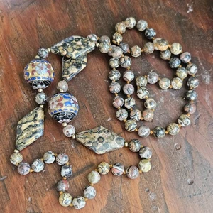 Collar Vintage GRANDE Cuentas Cloisonne Leopardo Jaspe Piedras Preciosas Anudadas 33" - Imagen 1 de 10