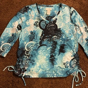 Caribbean Joe Floral Paisley Shirt 3/4 Sleeves Women Petite M Blue Ties Scrunch - Picture 1 of 9