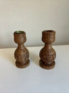 Wooden Carved Floral Candle Stick Holders Set Of 2 India MCM 4in Tall - Picture 1 of 12