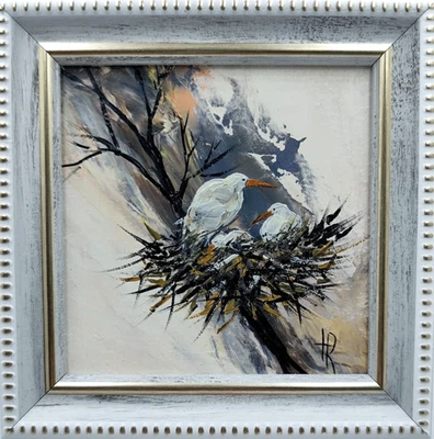 Оригинальная картина маслом, маленькие птицы, современный домашний декор 4x4 дюйма в рамке - Изображение 1 из 4