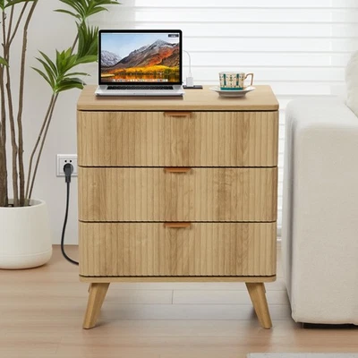 Cómoda pequeña acanalada de 3 cajones para dormitorio, mesita de noche moderna de mediados de siglo con... Foto 1 de 4