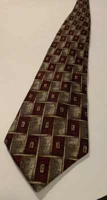 Винтажный шелковый галстук шелковицы ручной шитье Италия геометрический бордовый золотой сетчатый узор - Изображение 1 из 4