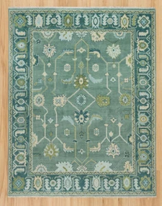 Hand-Knotted Green Blue Oushak Rug - Modern Turkish Carpet with Olive & Beige - Picture 1 of 7