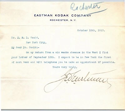 Membrete mecanografiado Kodak Rochester firmado por George Eastman, Nueva York 1913 Foto 1 de 2
