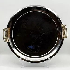 Vintage Kromex Round Serving Tray Gold Handle Chrome Plated Platter 13" - Picture 1 of 5
