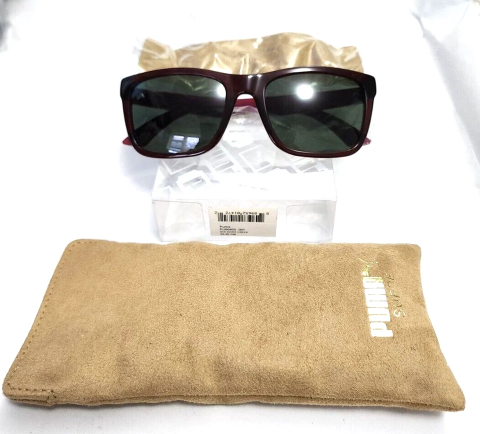 Puma PU0040S 007 Suede Leather Burgundy Square Green Sunglasses 56-18 140 New - Image 1 of 4