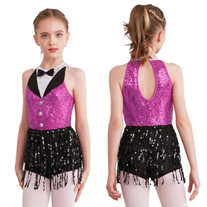 Kids Girls Dance Dress Christmas Dancewear Tassel Leotard Party Short Jumpsuit - Picture 1 of 59