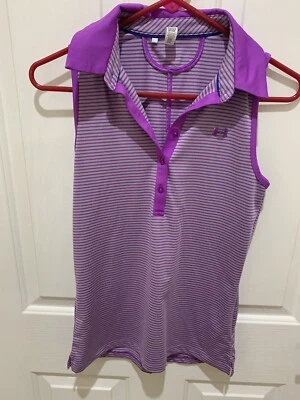 Under Armour Heat Gear Womens Purple And Gray Striped Sleeveless Polo - Image 1 of 4