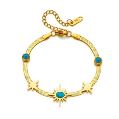 Luxus Edelstahl  Damen  Armband 18K Kleeblatt  Nazar Boncuk böses Auge Gelbgold - Bild 1 von 4