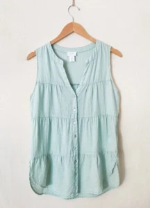 Size L Sigrid Olsen Green 100% Linen Tunic Light Ruffled Shirt Top - Picture 1 of 5