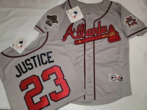 Majestic 1995 Atlanta Braves DAVID JUSTICE Serie Mundial CAMISETA Gris Nueva - Imagen 1 de 1