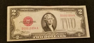 Series of 1928 F $2 Two Dollar Bill Red Seal, Circulated, D59915994A - Picture 1 of 3