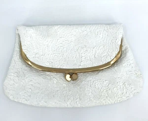 Fold Over Clutch 1970s Purse White Vinyl Sequins Grosgrain Lining Handbag Vtg - Picture 1 of 12