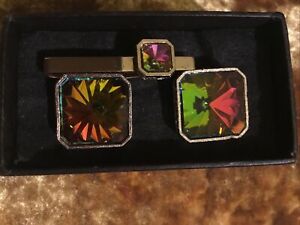 Vintage Cufflinks & Tie Clip Green Pink Glass Crystal Faux Gems Gold Tone VGC
