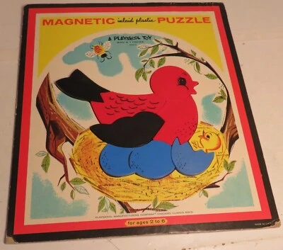 Vintage Rare Playskool Inlaid Plastic Magnetic Puzzle Complete Bird In Nest 7 pc - Image 1 of 4