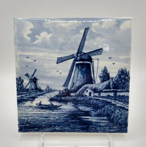 Vintage Dutch Delft Blue Tile Mid Century Two Wind Mills with Home Stream Boat - Picture 1 of 6