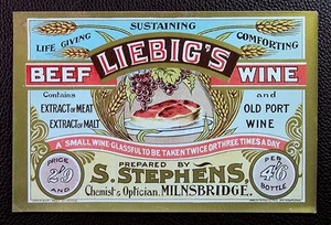 Etiqueta publicitaria sin usar Liebig’s Beef Wine década de 1900 Milnsbridge Chemist 15x10 cm - Imagen 1 de 1