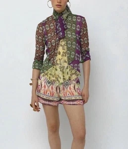 NWT New ZARA Womens Studio Zodiac Printed Sheer Shirt Long Sleeve Tie Beads Sz S - Picture 1 of 10