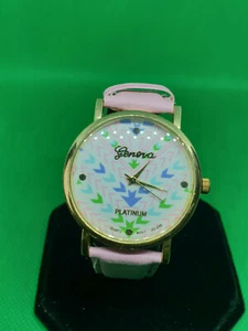 ladies geneva platinum gold tone watch,gold hands with a pink strap.#ba. - Picture 1 of 8