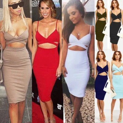 Women's Sexy Spaghetti Strap Backless Cut-Out Bandage Bodycon party Midi Dress - Image 1 of 4