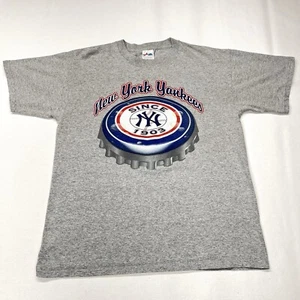 VTG New York Yankees Tee Shirt Mens Large Gray Majestic Bottle Cap Graphic Y2K - Picture 1 of 18