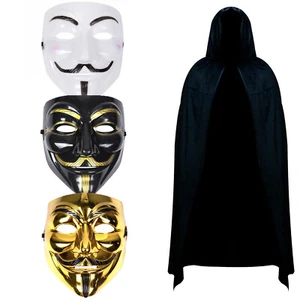 Vendetta Hacker Guy Fawkes Anonymous Mask & Hooded Cape in White, Black or Gold - Picture 1 of 5