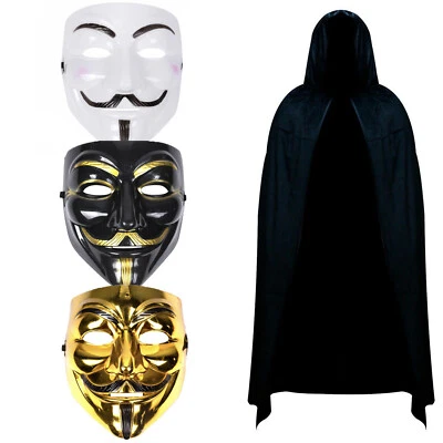 ROCKING PARTY Vendetta Hacker Guy Fawkes Anonymous Mask & Hooded Cape in White, Black or Gold