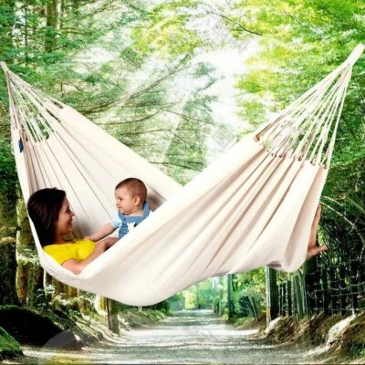 White Canvas Fabric Double Hammock 2 Person Swing Hanging Bed Outdoor Camping us - Image 1 of 4