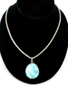 Sterling Silver Blue Green Larimar Gemstone Pendant 925 Rope Necklace Italy - Picture 1 of 8